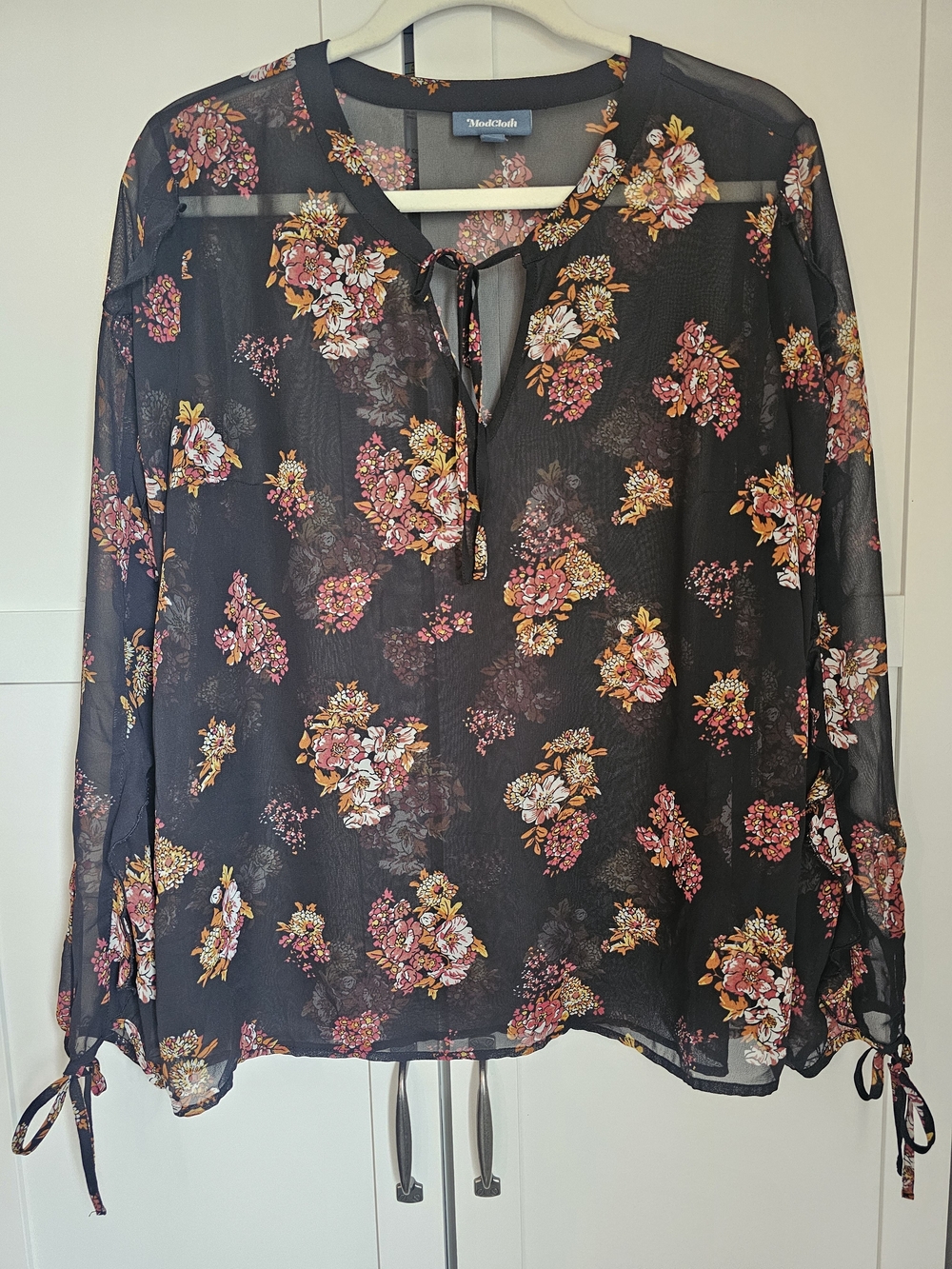 ModCloth Black Floral Sheer Blouse – Tie Neck & Ruffle Sleeves – Size Large